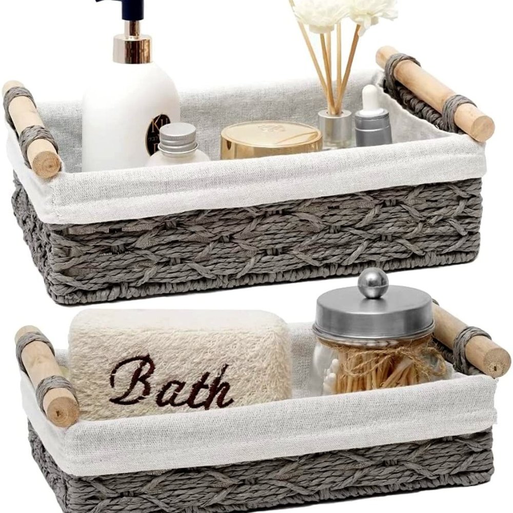 Set OF 2 Paper Rope Wicker Storage Basket with Handles Decorative Storage Bins
